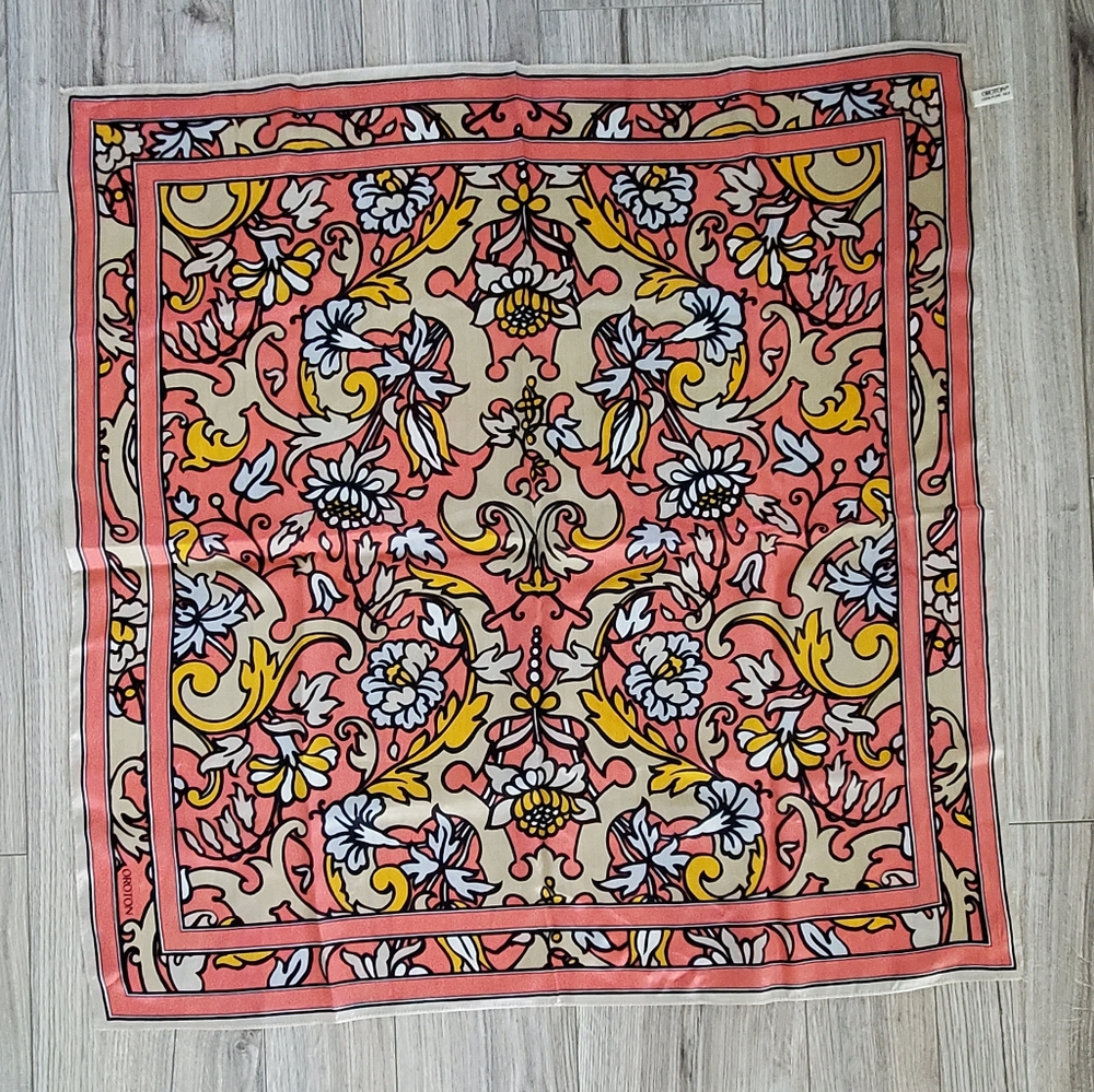 Vintage Oroton 100% Silk Scarf, Coral, Tan, Mustard Floral Paisley, 26", EUC